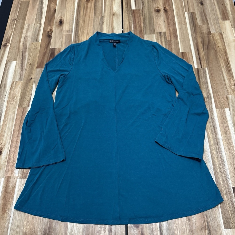Eileen Fisher Tunic Blouse Womens XS Teal Vneck Flared Sleeve Top Stretch